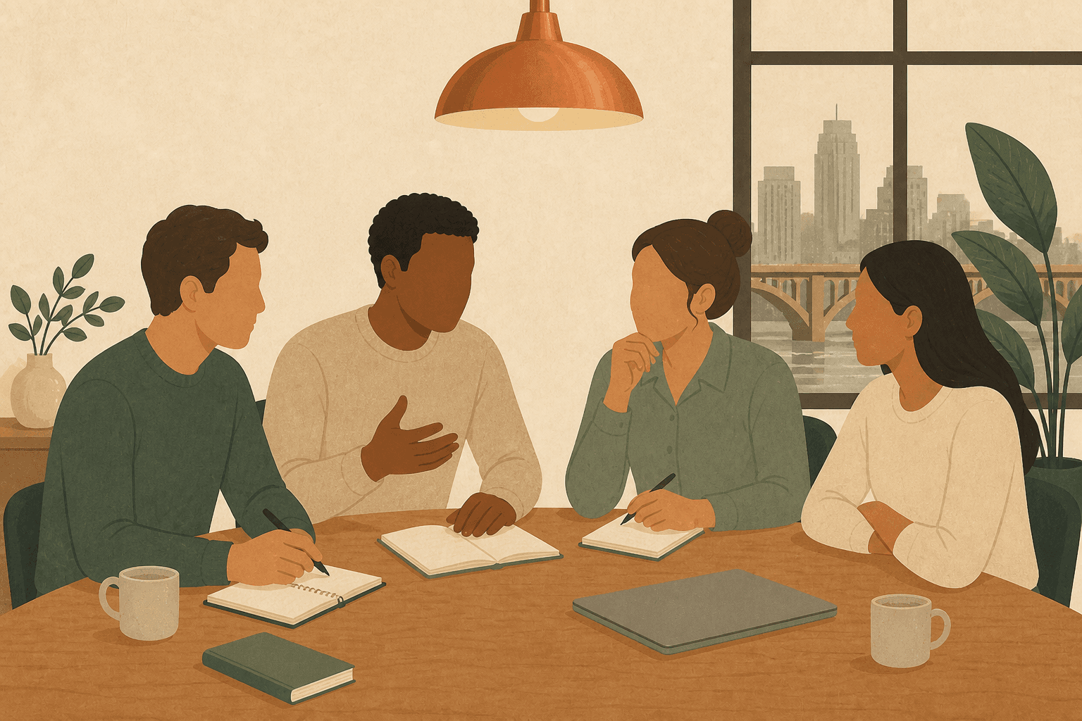 A client team in a strategy conversation across a studio table