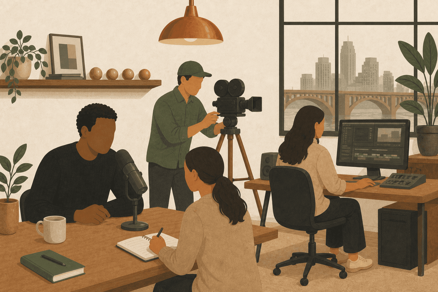 A team recording, filming, and editing in one studio — five ways of working as one