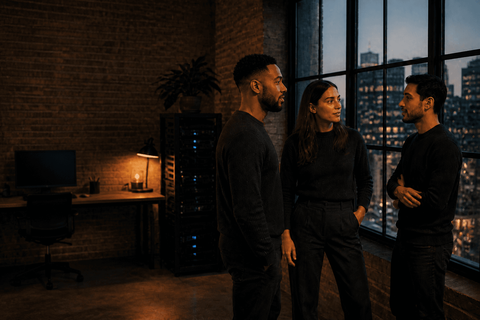 A team looking out over the city from a studio that still holds cameras and systems