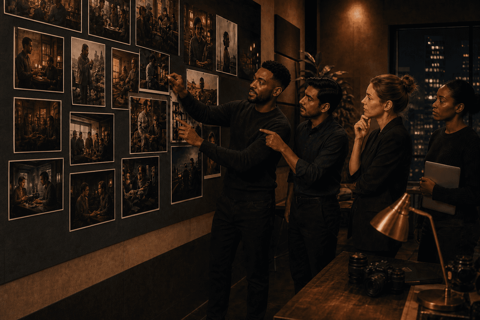 A client and studio team reviewing printed stills of finished work on a studio wall