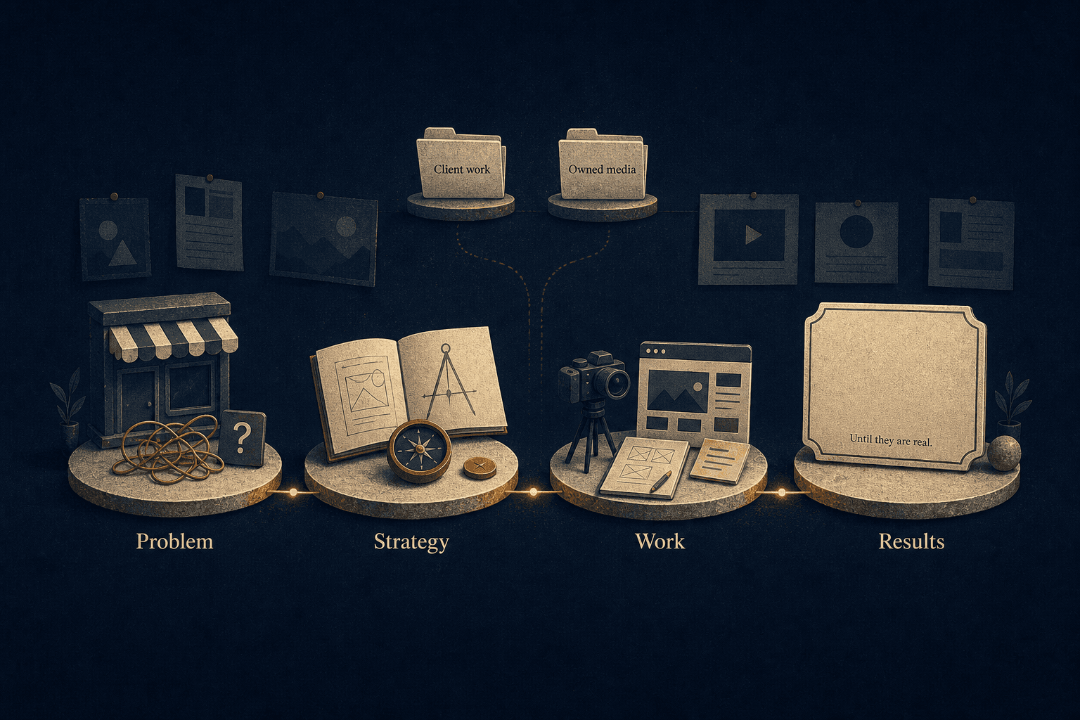The shape of a case study: problem, strategy, work, and results left empty until they are real — client work and owned media labeled separately