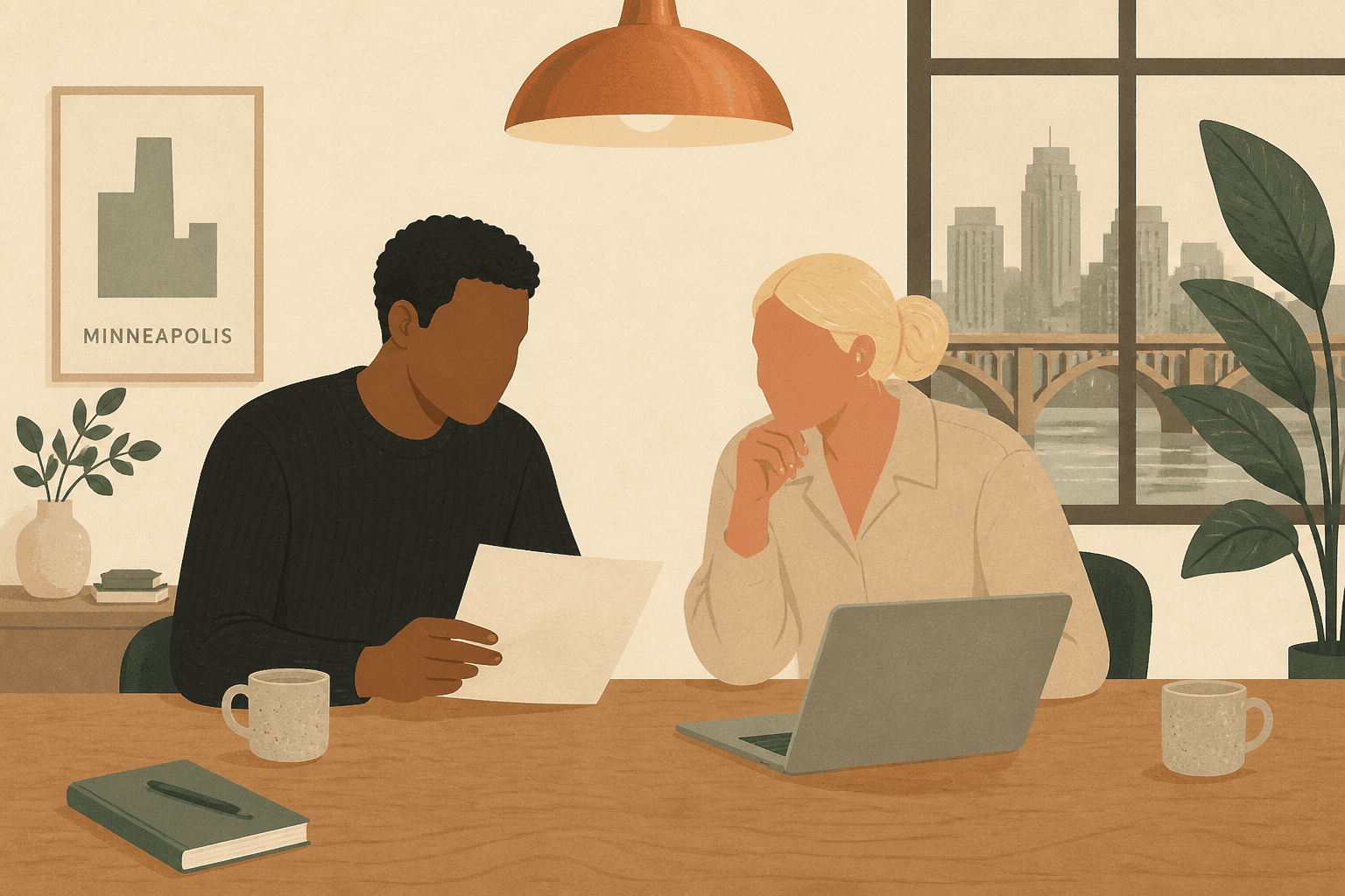 A strategy conversation across a studio table