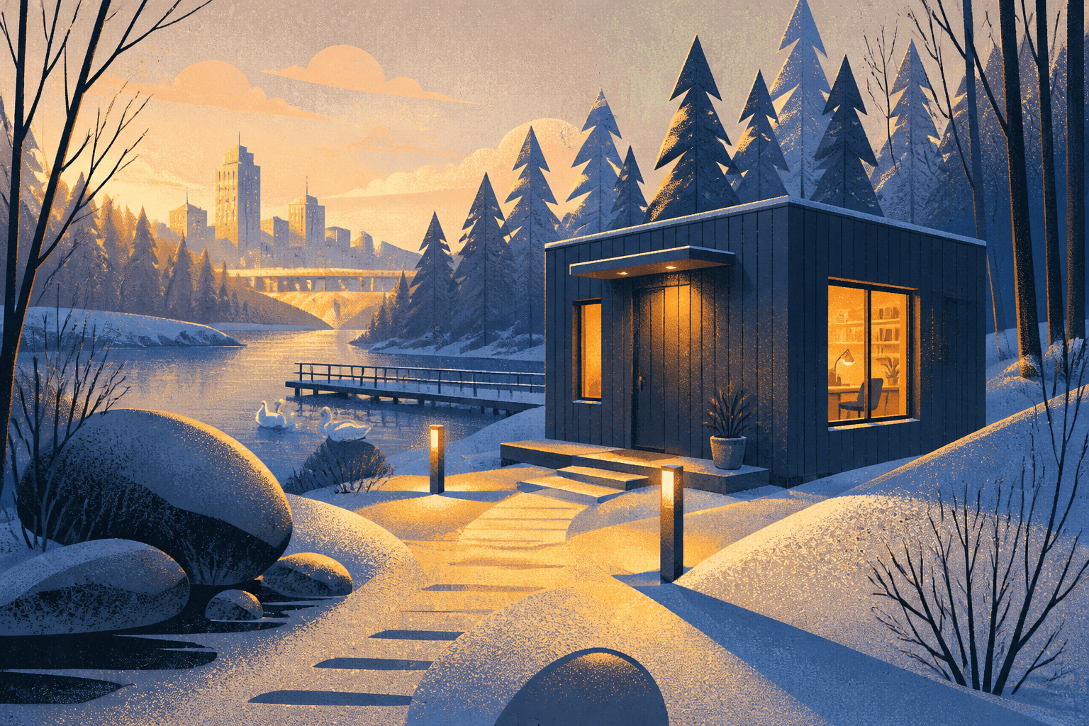 A quiet studio at dusk with copper light in the windows