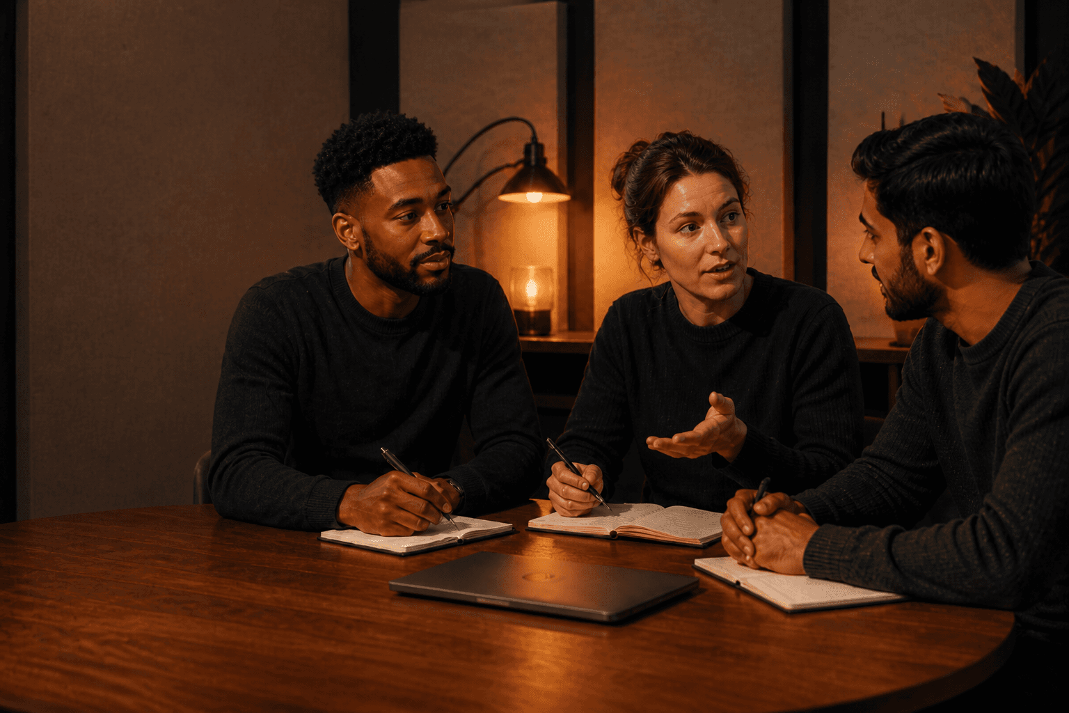 A team writing notes in a study — thinking through media, distribution, and systems
