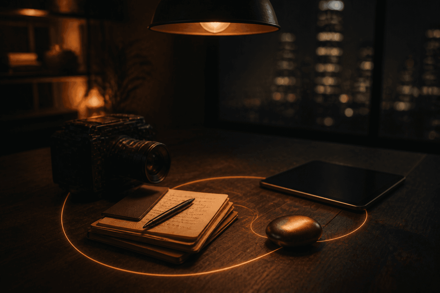 Camera, notebooks, tablet, and a copper stone on one desk — four ways of thinking as one