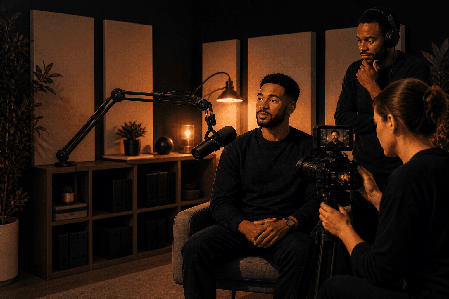 A production team running an interview in a copper-lit studio