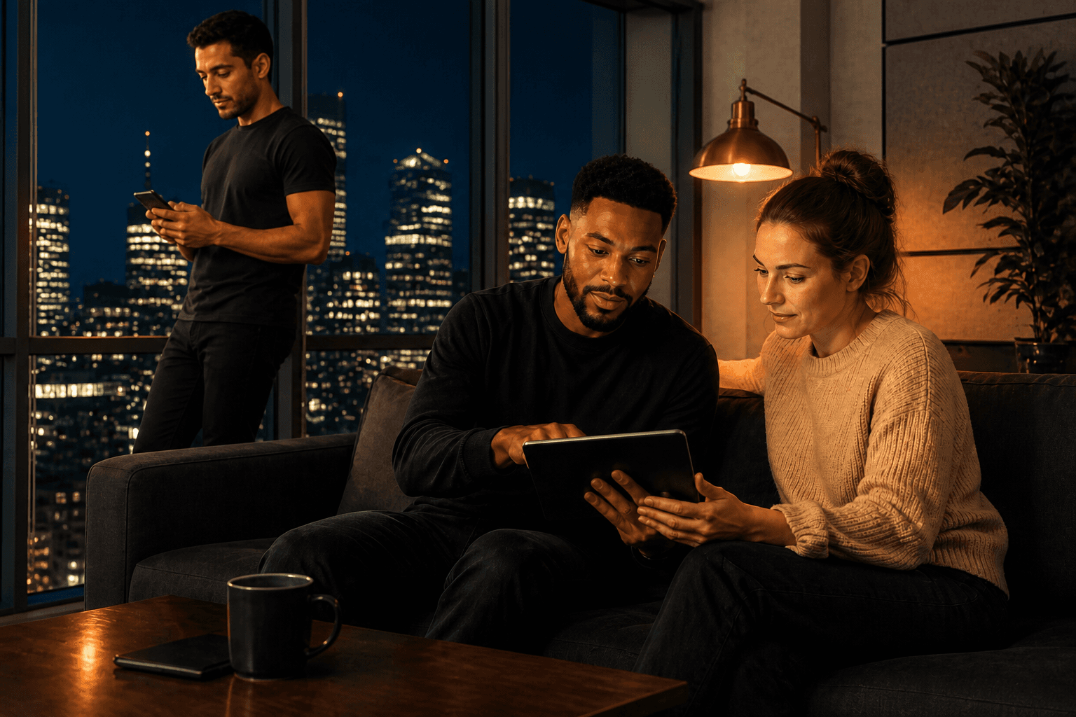 A team publishing a clip into the city at night