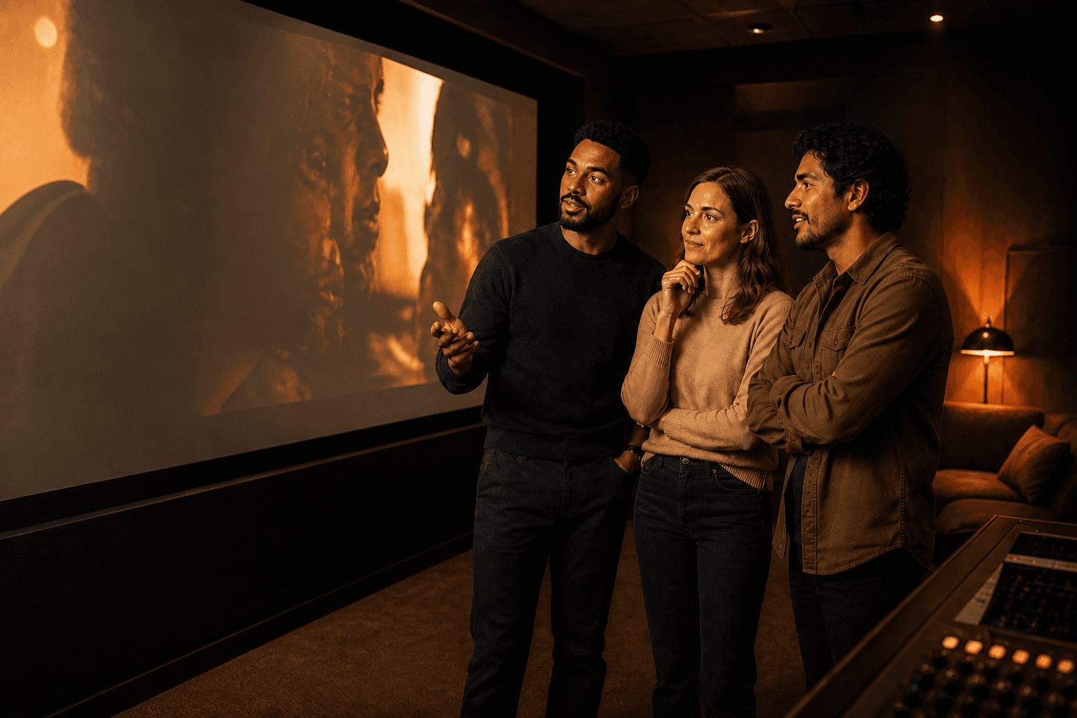 A team reviewing finished work on a cinema screen